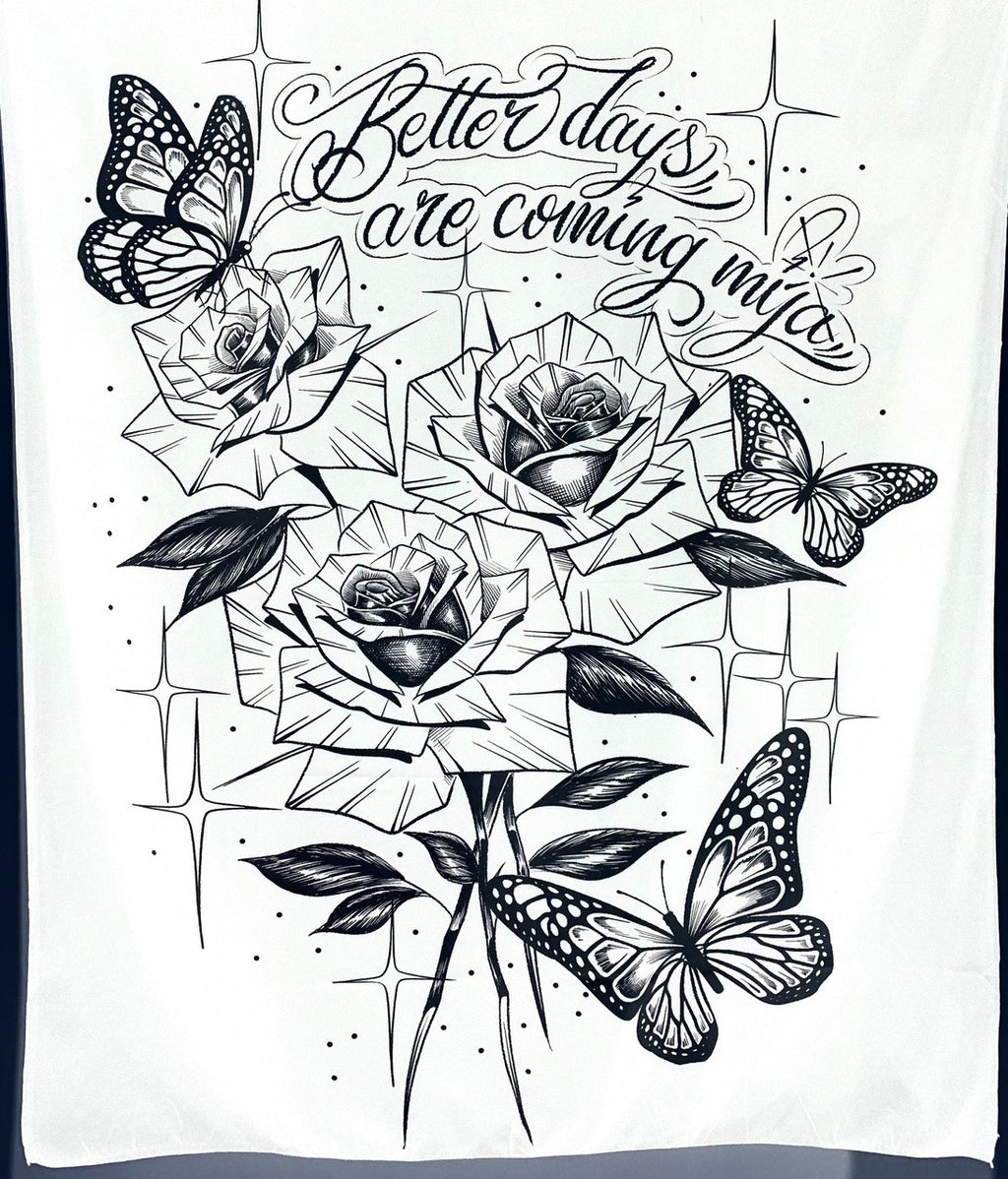 Better Days Are Coming Butterfly Pen & Ink Tapestry (WHITE/BLACK)