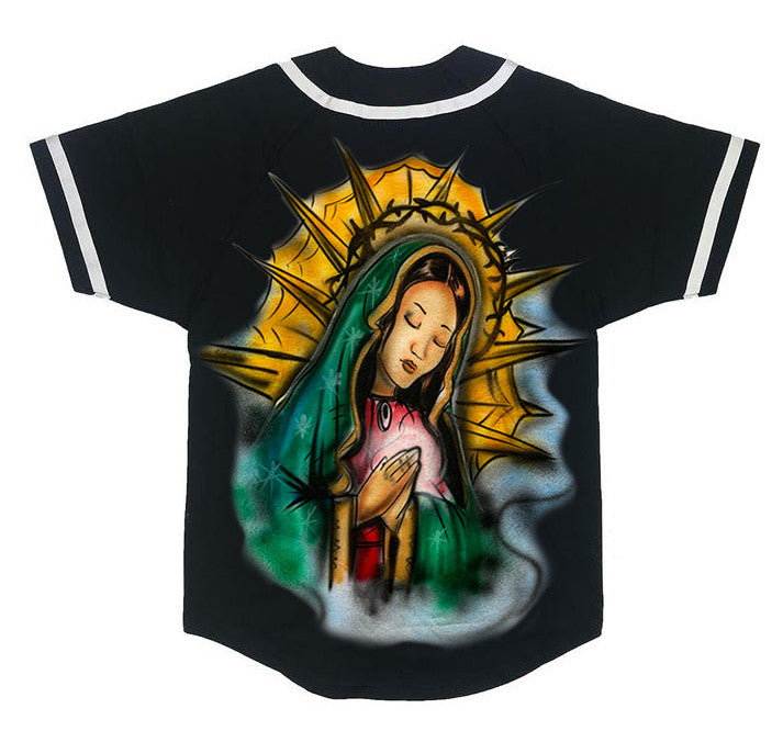 LR 'Blessed & Protected' Airbrushed Cut & Sew Baseball Jersey (Black)