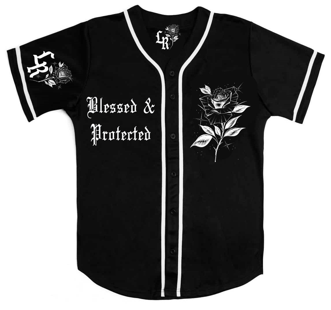 LR 'Blessed & Protected' Airbrushed Cut & Sew Baseball Jersey (Black)