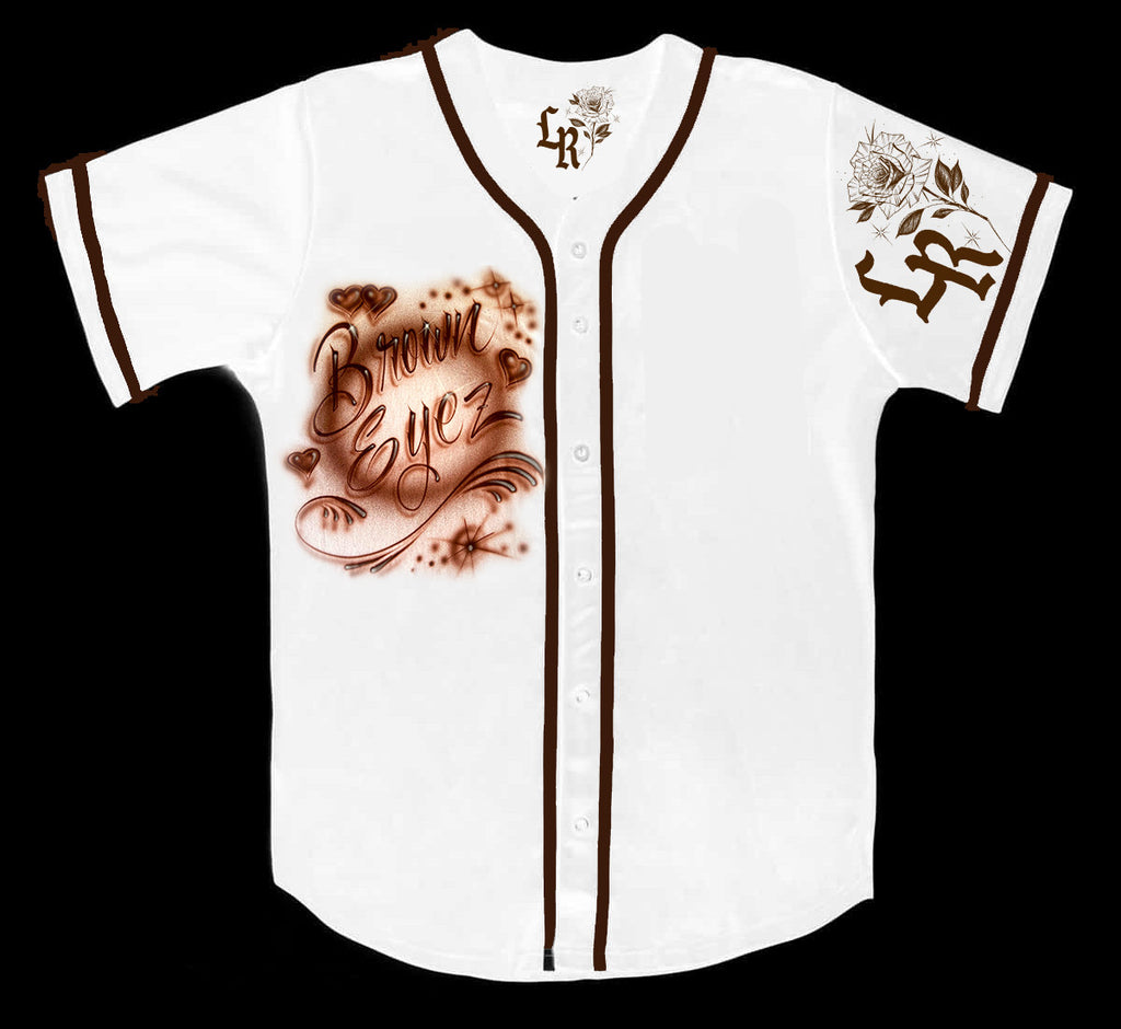 Pretty Brown Eyes That Tell No Lies' Airbrushed Cut & Sew Baseball Jersey *ADULT (White/Brown)