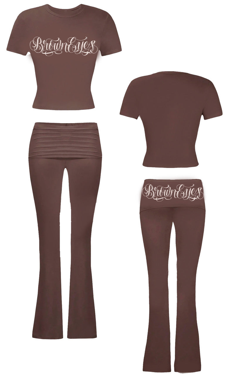 Limited Edition 'Brown Eyes' Script Shirt & Leggings Loungewear Set (BROWN)