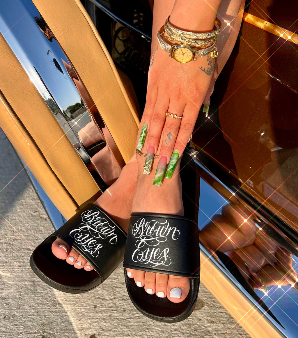 Limited Edition Brown Eyes Script Slides (BLACK)
