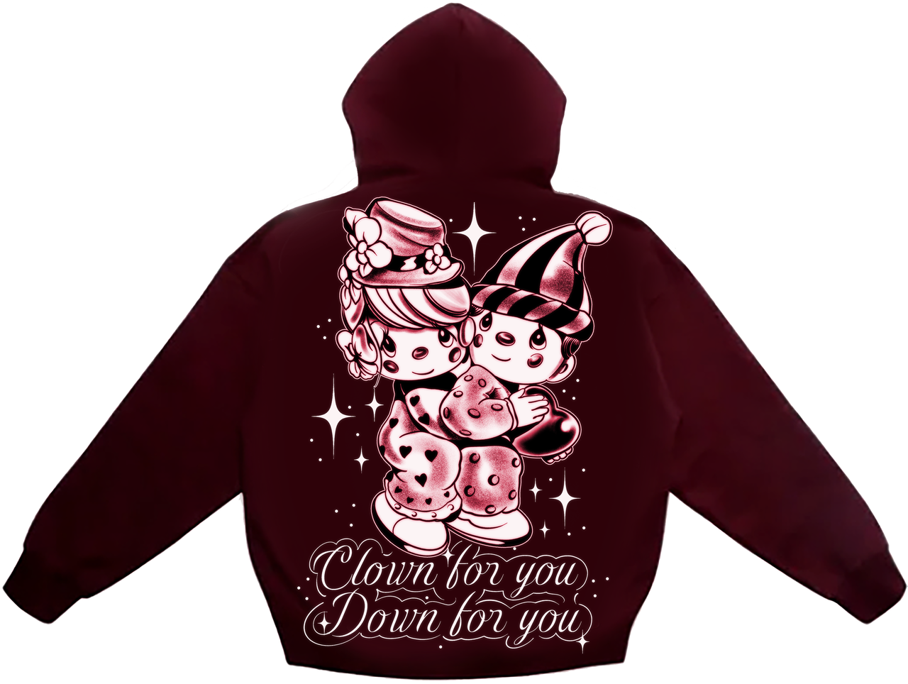 CLOWN 4 YOU, DOWN 4 YOU' Pen & Ink Zip-Up Hoodie (Burgundy)