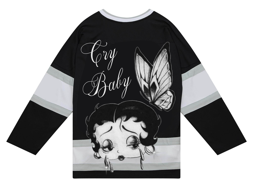 Ultra Premium 'Cry Baby Boop' Pen & Ink Cut & Sew Long Sleeve Hockey Jersey (Black/Grey)