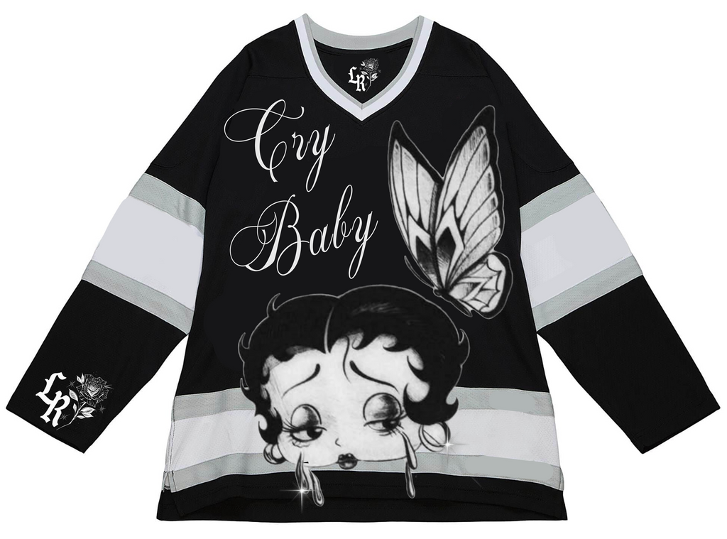 Ultra Premium 'Cry Baby Boop' Pen & Ink Cut & Sew Long Sleeve Hockey Jersey (Black/Grey)