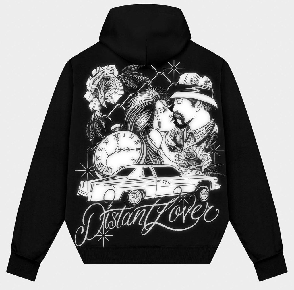 DISTANT LOVER' Pen & Ink Premium Fleece Zip-Up Hoodie (Black/White)