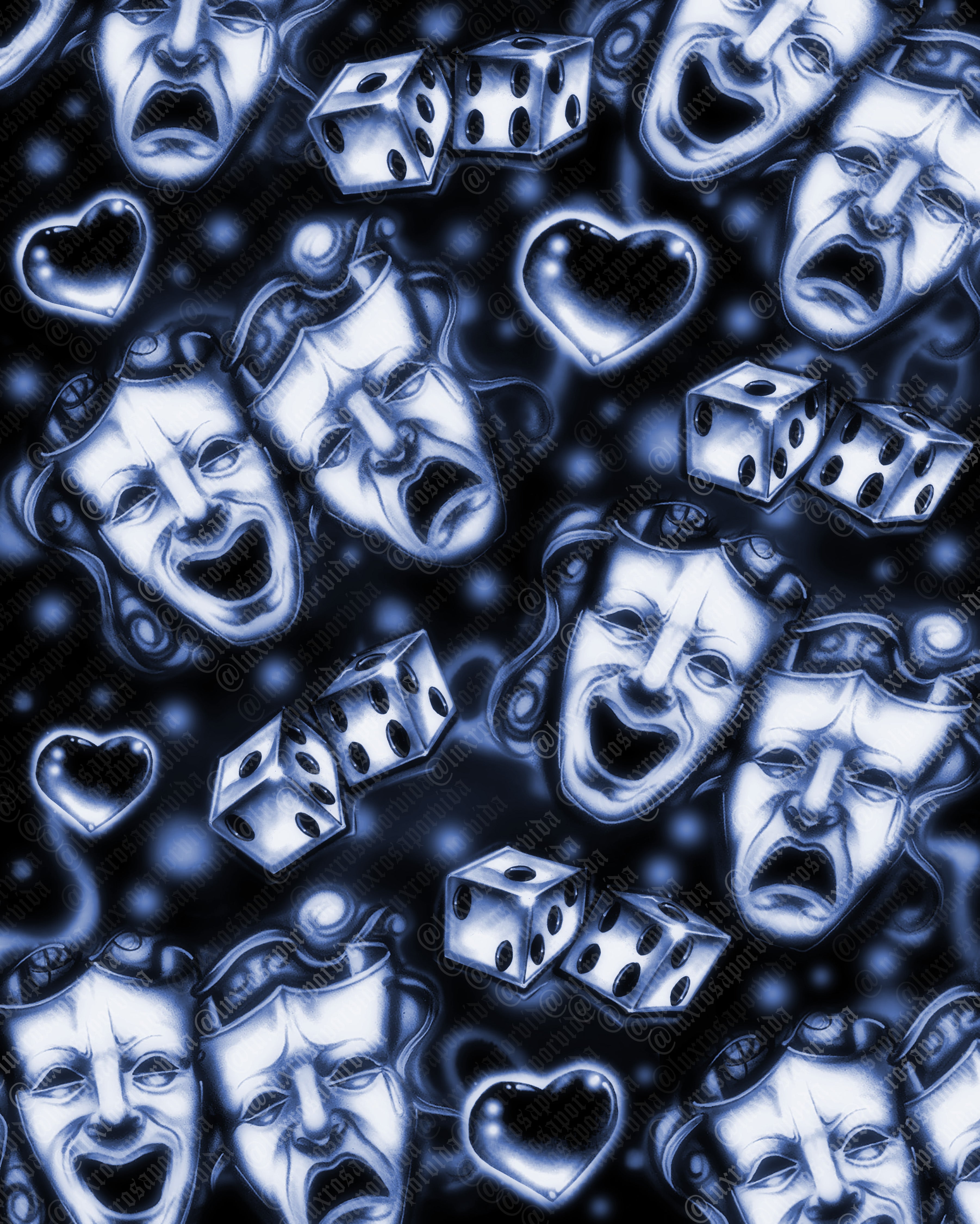 EXTRA EXTRA EXTRA XXXL EARLY 2000s Y2K EMOTIONS 'SMILE TOGETHER CRY LATER CHROME DICE & HEARTS' Glamour ShotsAirbrush 90s Backdrop (MIDNIGHT) (XXXL) Exclusive/Limited Edition!!