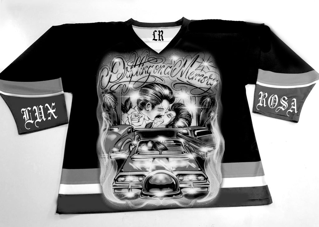 DRIFTING ON A MEMORY' Pen & Ink Cut & Sew Long Sleeve Hockey Jersey (Black)