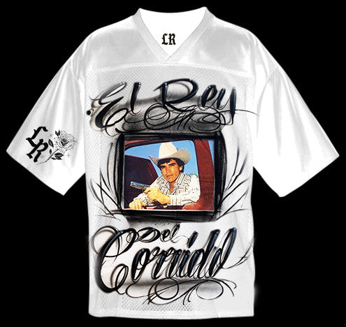 El Rey Del Corrido' Airbrush Cut & Sew Mesh Football Jersey (WHITE)