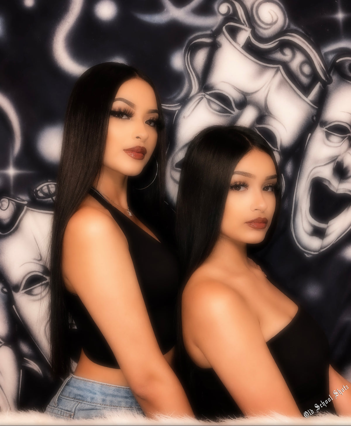 Early 2000s Y2K 'Emotions' Airbrush Smile Now Cry Later 90s Glamour Shots Backdrop (BLACK) (Extra Large)
