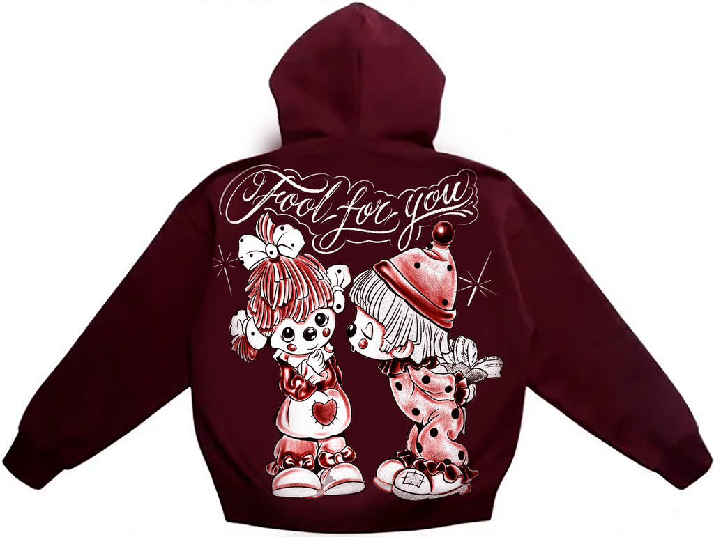 FOOL FOR YOU' Pen & Ink Zip-Up Hoodie (Burgundy)
