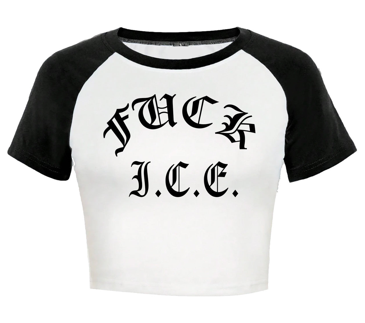 ‘FUCK I.C.E.' OE Cropped Baseball Tee (Black/White)