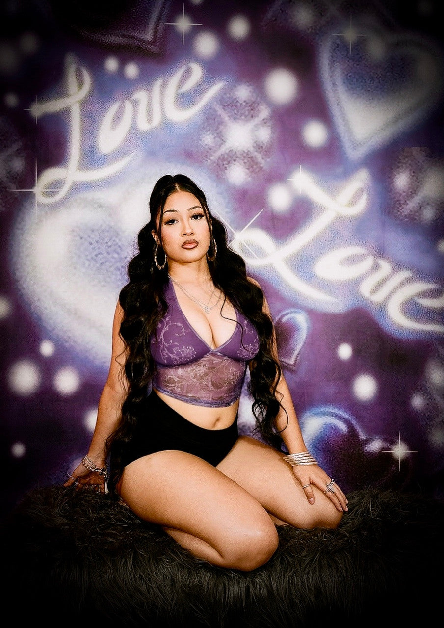LIMITED EDITION VALENTINE'S 'La-La Means I LOVE You' Airbrushed Glamour Shot Backdrop (Purple/Blue/Silver) (Extra Large)