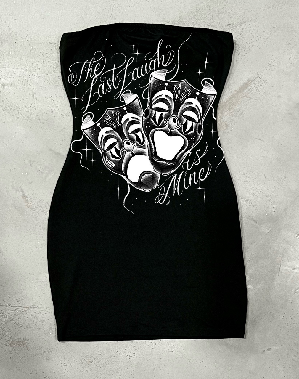 LIMITED EDITION 'LAST LAUGH IS MINE' PEN & INK STRAPLESS MINI DRESS (Black/White)