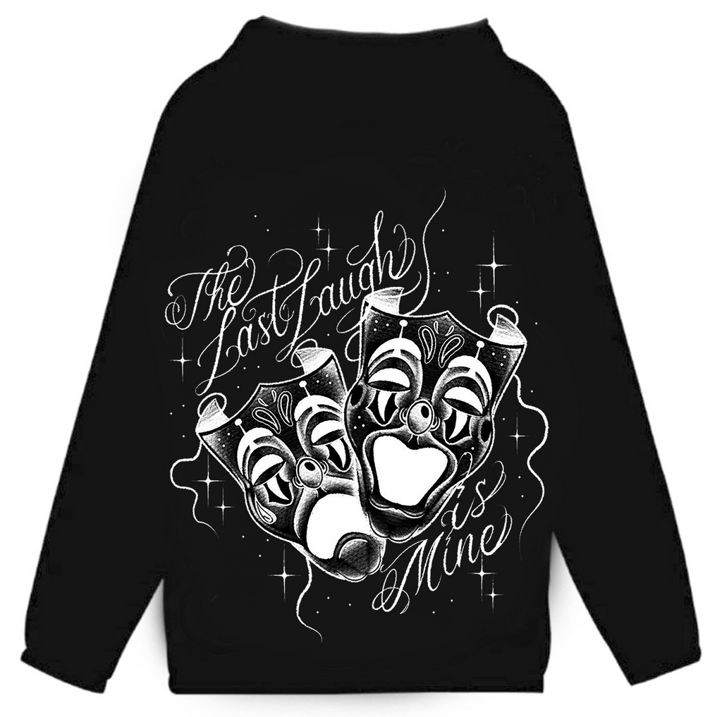 The Last Laugh Is Mine' Pen & Ink Cut & Sew Hooded Mesh Lined Windbreaker (Black)