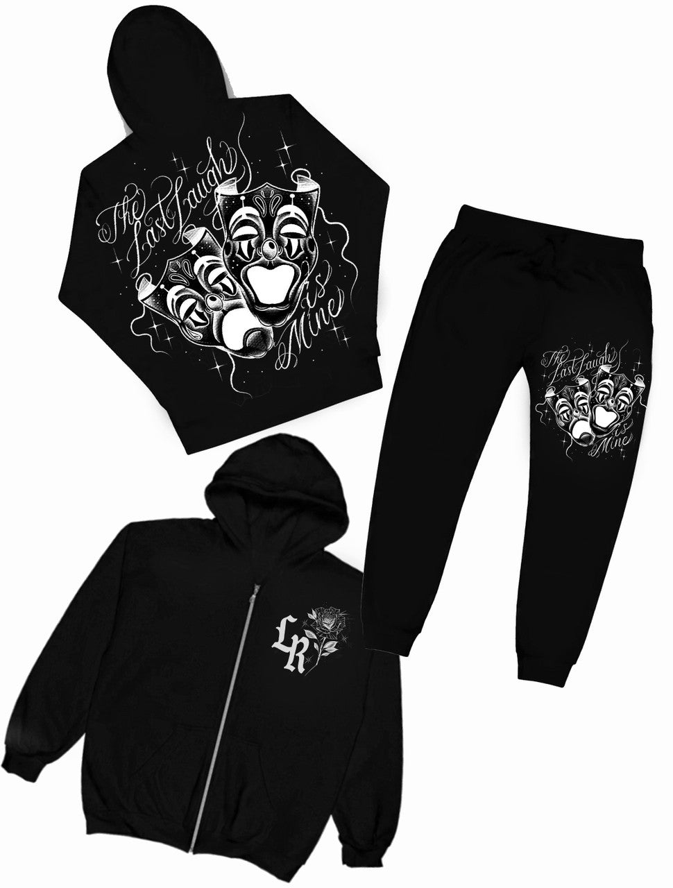 THE LAST LAUGH IS MINE' Pen & Ink Premium Zip-Up Hoodie & Jogger SET (Black)
