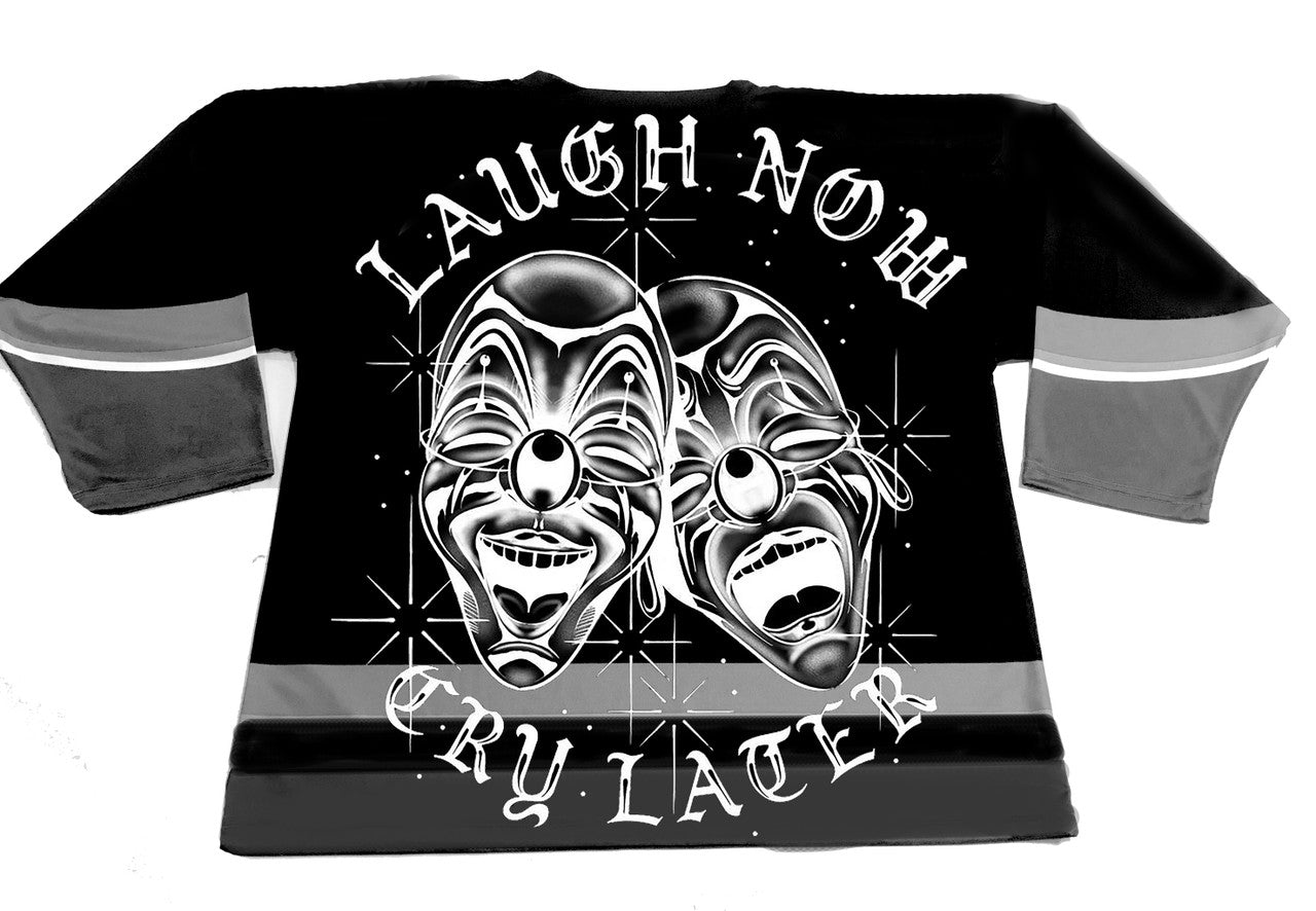 CRY LATER LAUGH NOW Pen & Ink Cut & Sew Long Sleeve Hockey Jersey (Black)