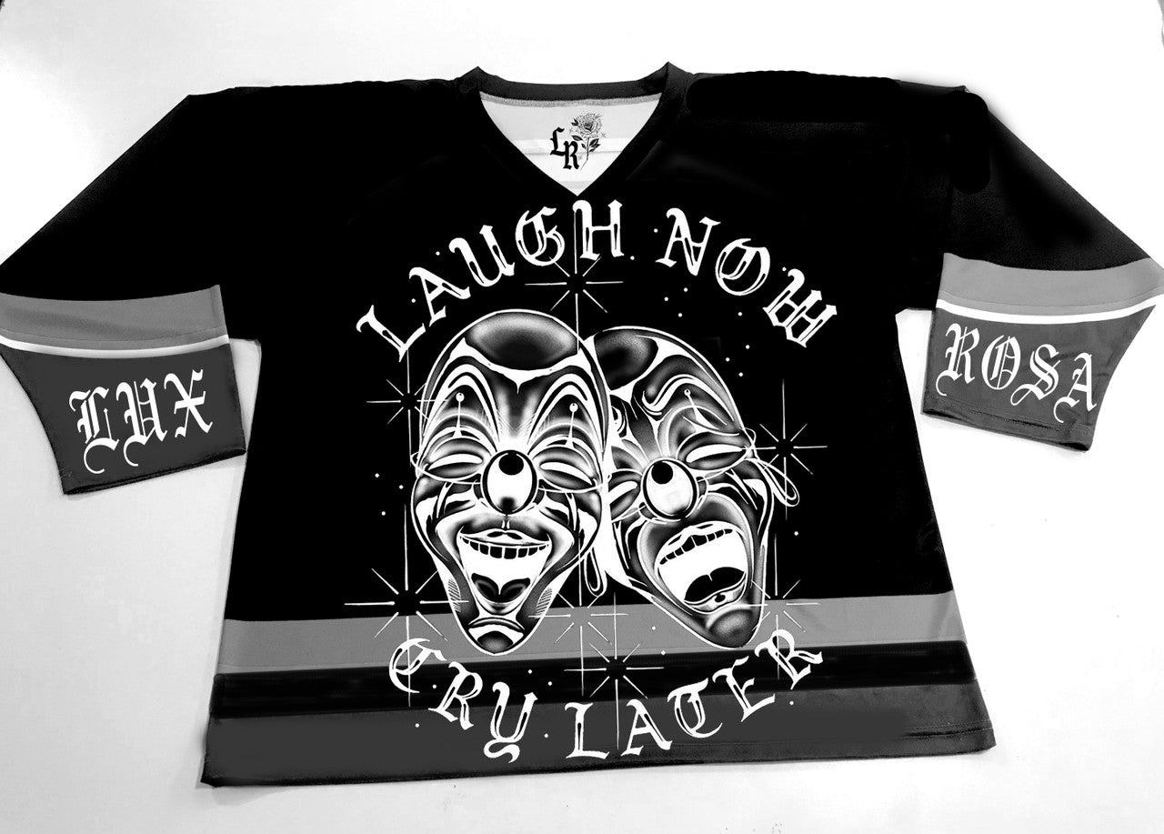 CRY LATER LAUGH NOW Pen & Ink Cut & Sew Long Sleeve Hockey Jersey (Black)