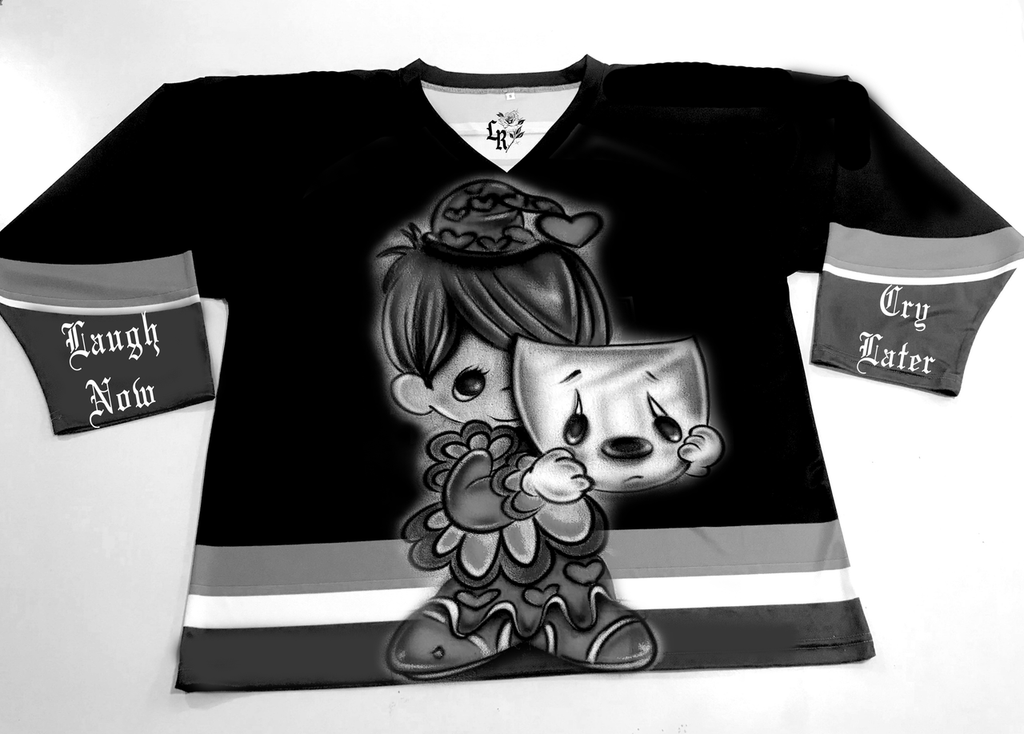 LAUGH NOW, CRY LATER' Airbrushed Cut & Sew Long Sleeve Hockey Jersey (Black)