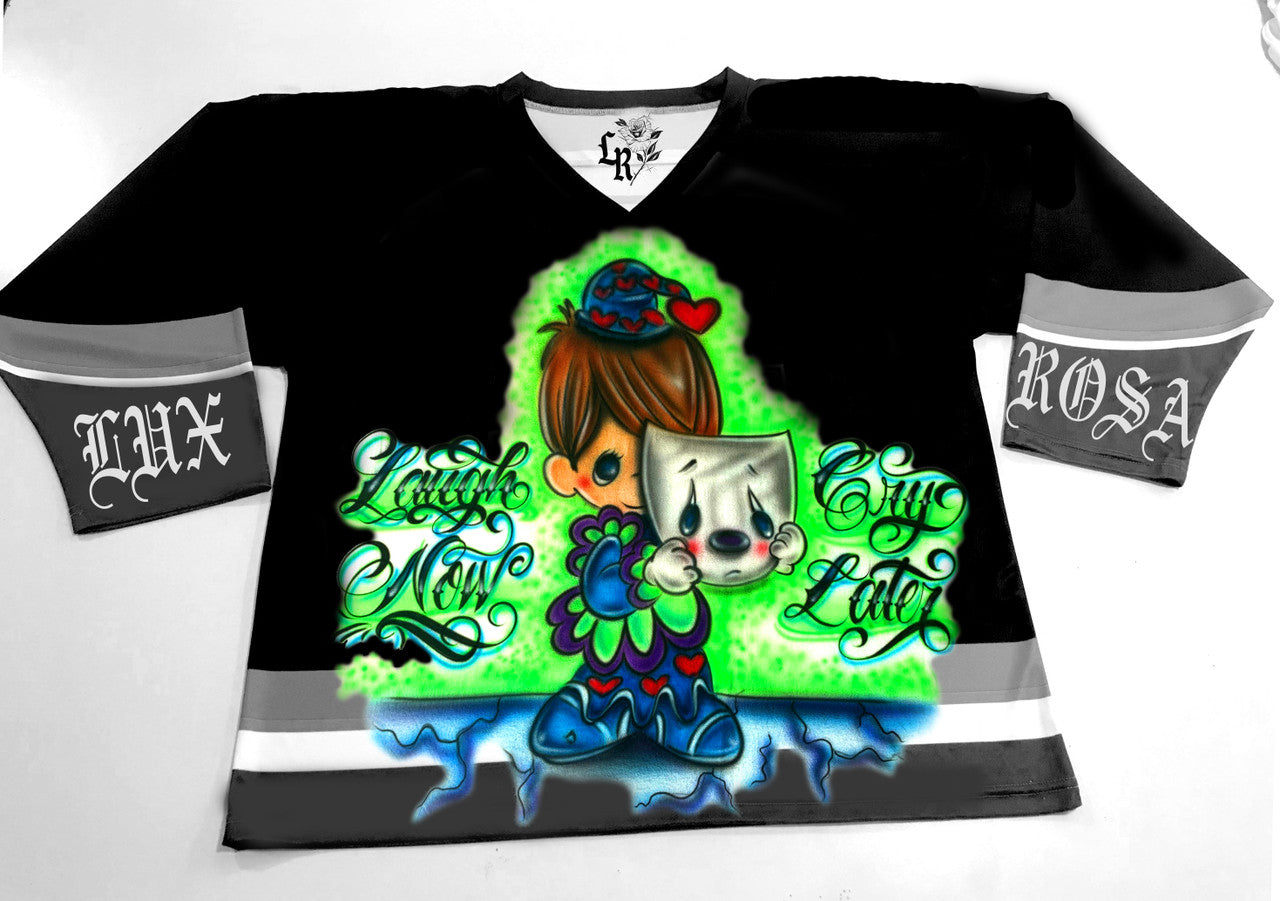 LR 'Laugh Now Cry Later' Neon Airbrush Cut & Sew Long Sleeve Hockey Jersey (Black/Neon)