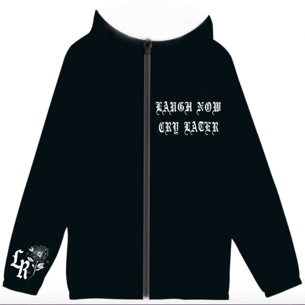 Limited Edition 'Cry Later. Laugh Now' Pen & Ink Cut & Sew Hooded Mesh Lined Windbreaker (Black)