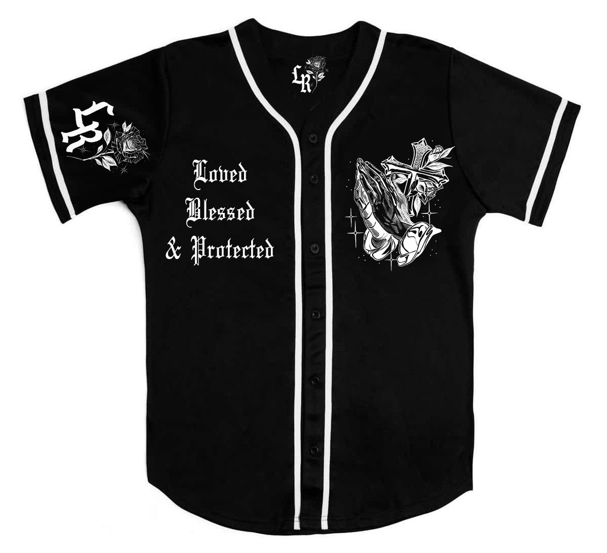 LR 'Always Blessed, Forever Protected' Pen & Ink Cut & Sew Baseball Jersey (Black)