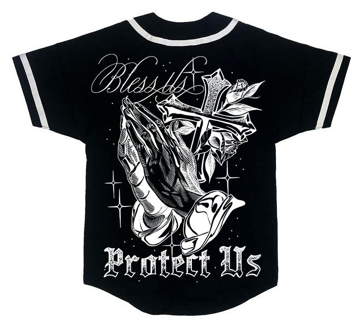 LR 'Always Blessed, Forever Protected' Pen & Ink Cut & Sew Baseball Jersey (Black)
