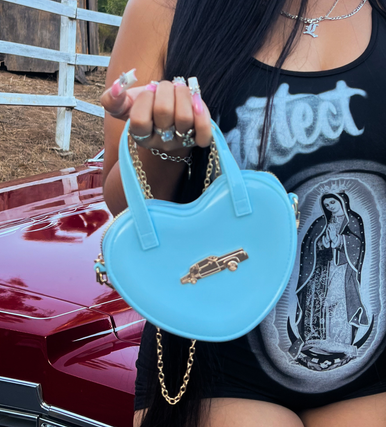 LIMITED EDITION Angel Baby Low Low Glossy Cross Body Chain Link Heart Handbag W/ 24K Solid Gold Dice Zipper Pull BABY BLUE ((Limited Edition))