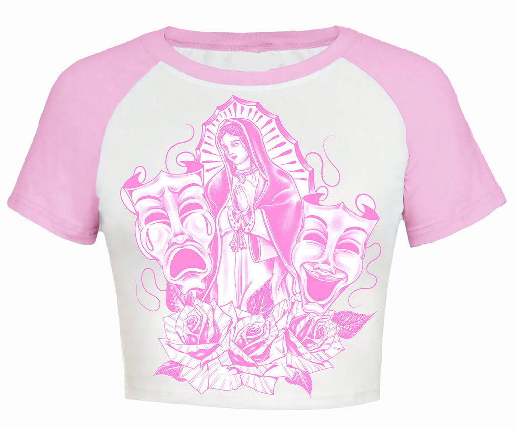 Limited Edition 'LUPITA' Pen & Ink Cropped Baseball Tee (Bubblegum Pink/White)