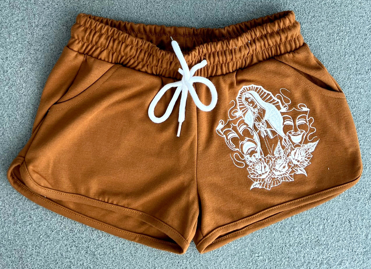 Limited Edition 'LUPITA' Embroidered Cut & Sew Booty Shorts (Drawstring w/ pockets) BROWN