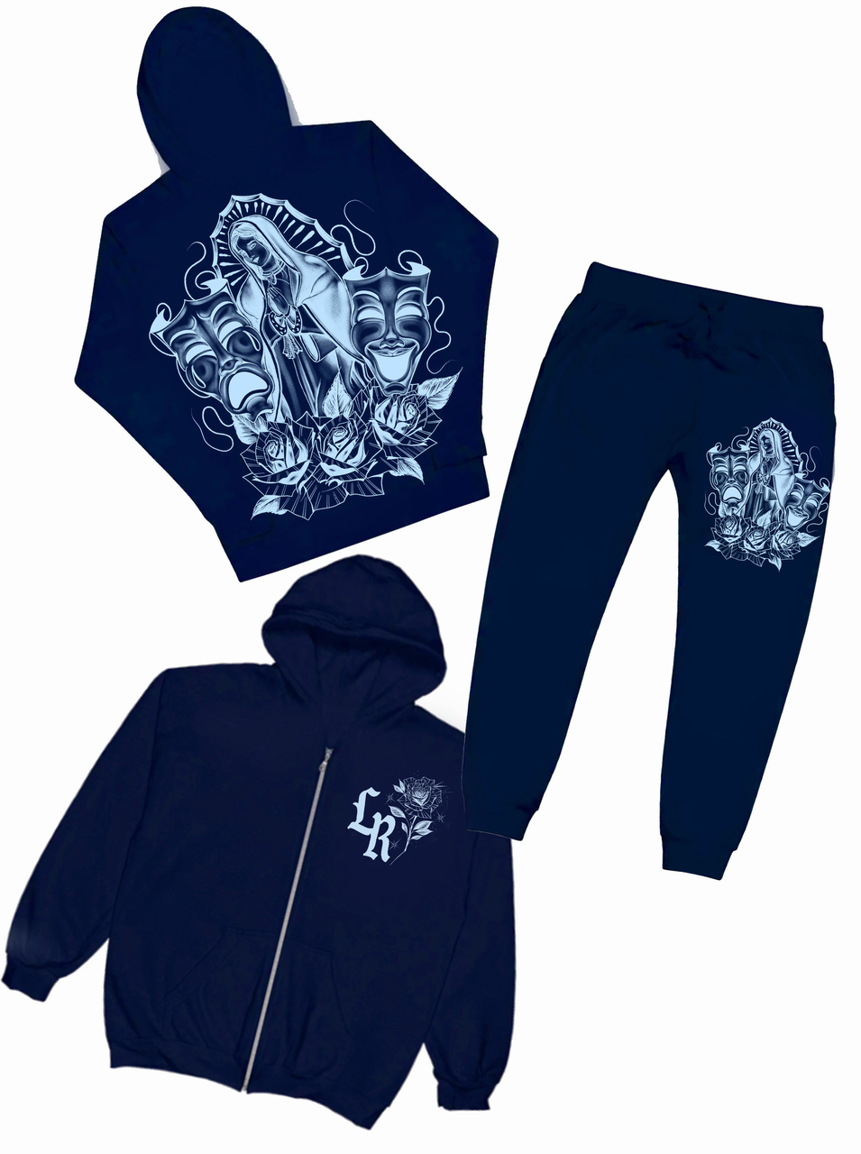 LUPITA' Pen & Ink Premium Zip-Up Hoodie & Jogger SET (Navy/Light Blue)