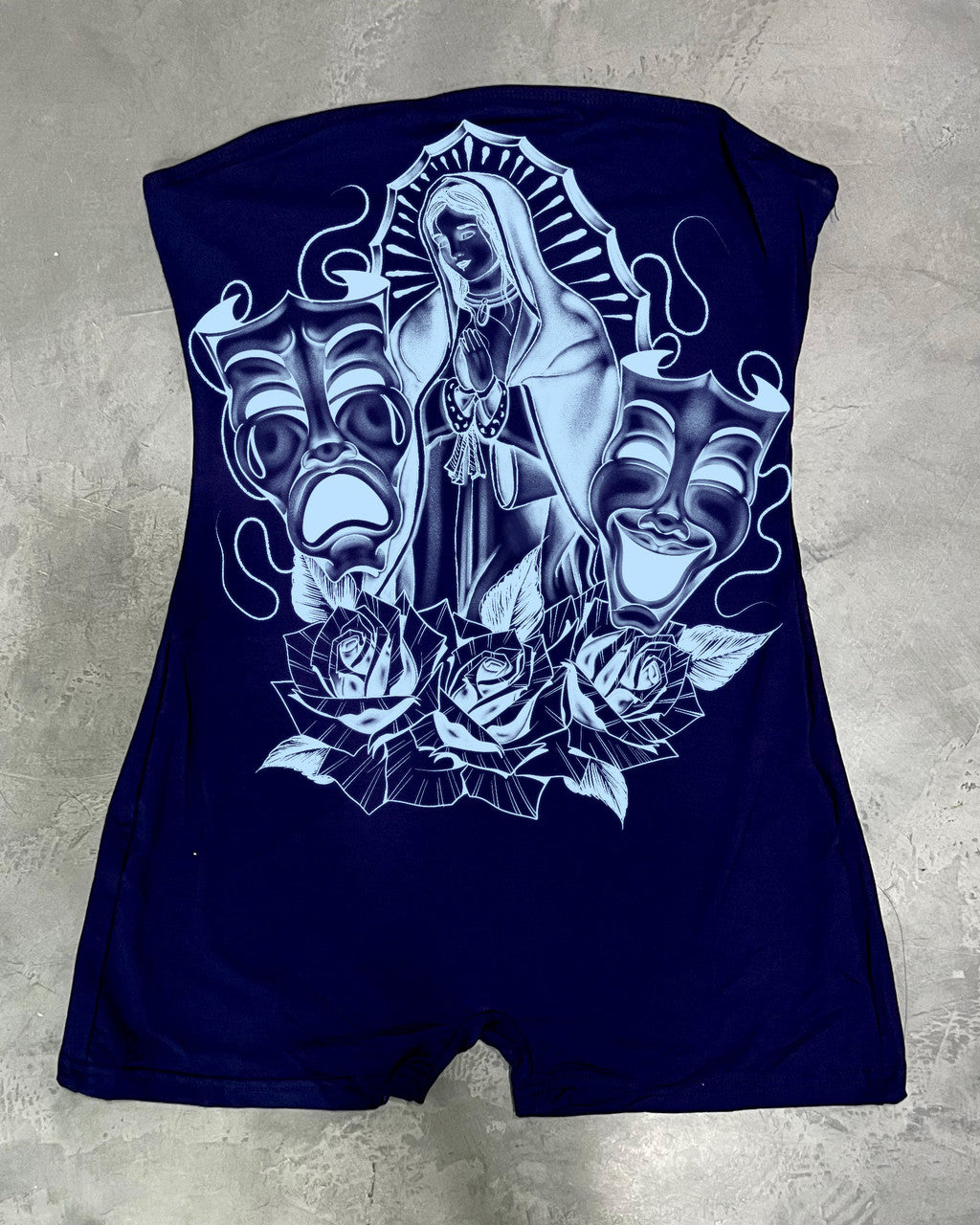 LIMITED EDITION 'LUPITA' PEN & INK ONE PIECE TUBE TOP ROMPER (Navy/Light Blue)