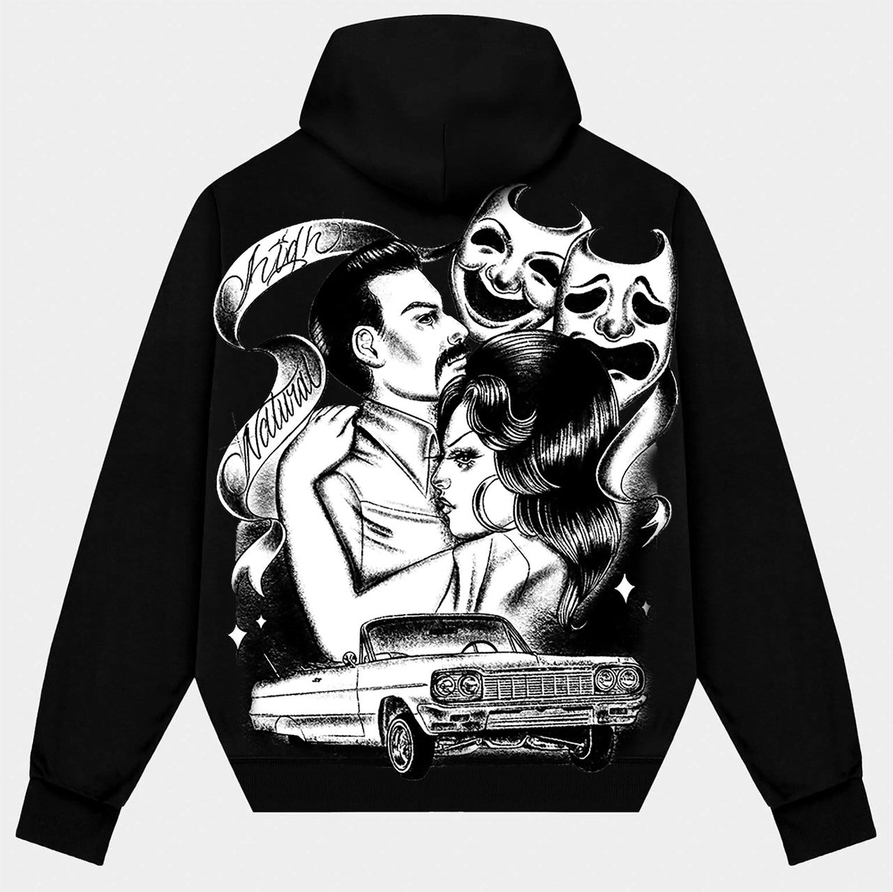 NATURAL HIGH' Pen & Ink Premium Fleece Zip-Up Hoodie (Black/White)