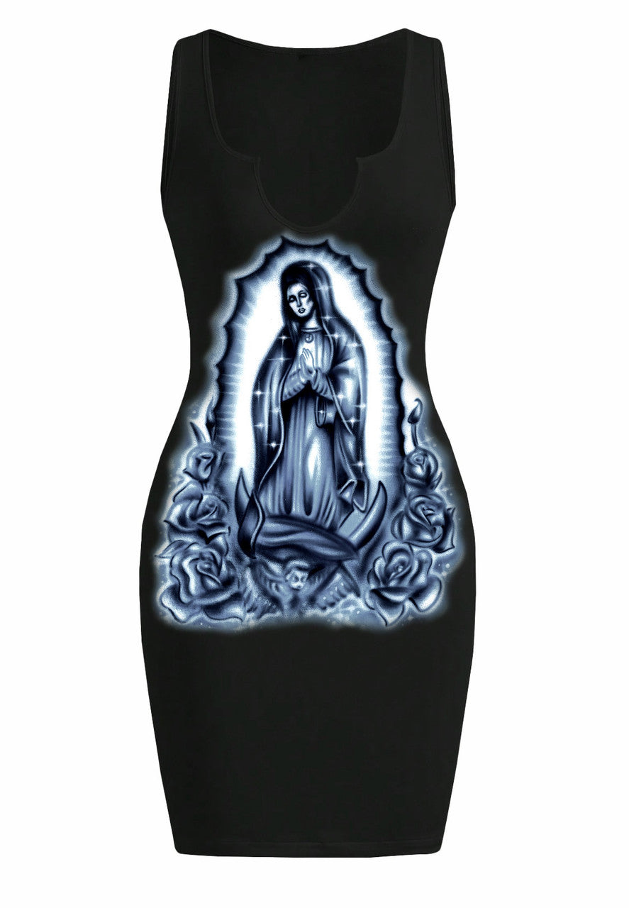 LIMITED EDITION 'OUR LADY' AIRBRUSH V-NECK MINI DRESS (Black/Midnight Blue)