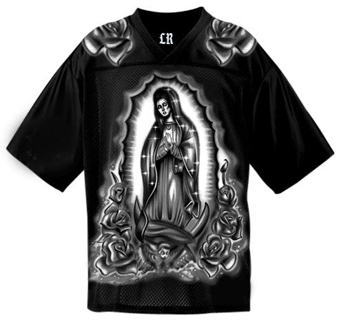 Limited Edition 'Our Lady' Black Roses Airbrushed Cut & Sew Football Jersey (Black)