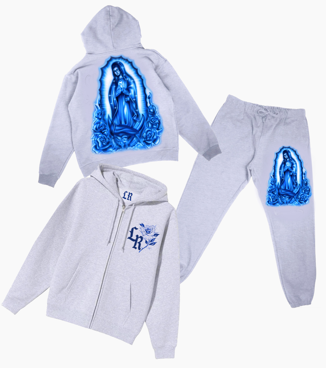 OUR LADY' Airbrush Premium Zip-Up Hoodie & Jogger SET (Heather Grey/Blue)