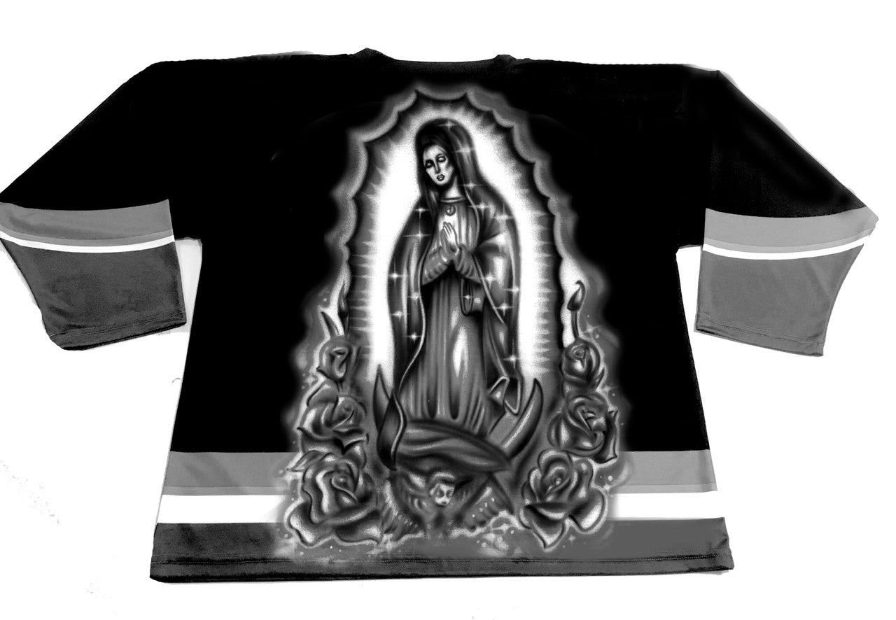 OUR LADY' Airbrushed Cut & Sew Long Sleeve Hockey Jersey (Black)