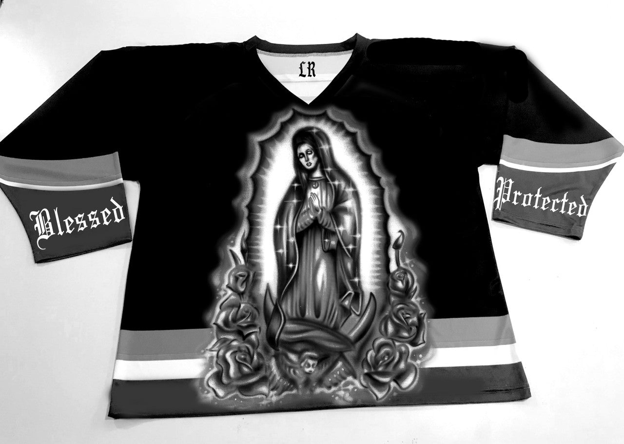 OUR LADY' Airbrushed Cut & Sew Long Sleeve Hockey Jersey (Black)