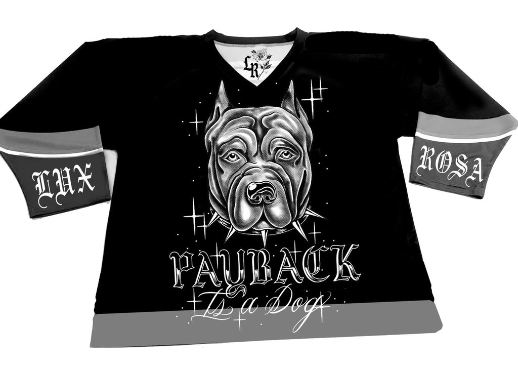 Payback Is A Dog' Pen & Ink Cut & Sew Long Sleeve Hockey Jersey (BLACK/GREY)
