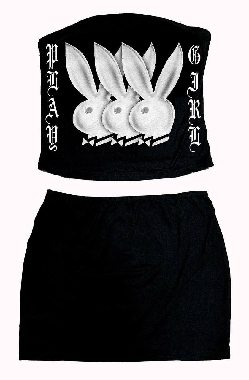 Limited Edition 'TRUE PLAYA' Playgirl Airbrushed Tube Top & Skirt Set (Black/Brown)