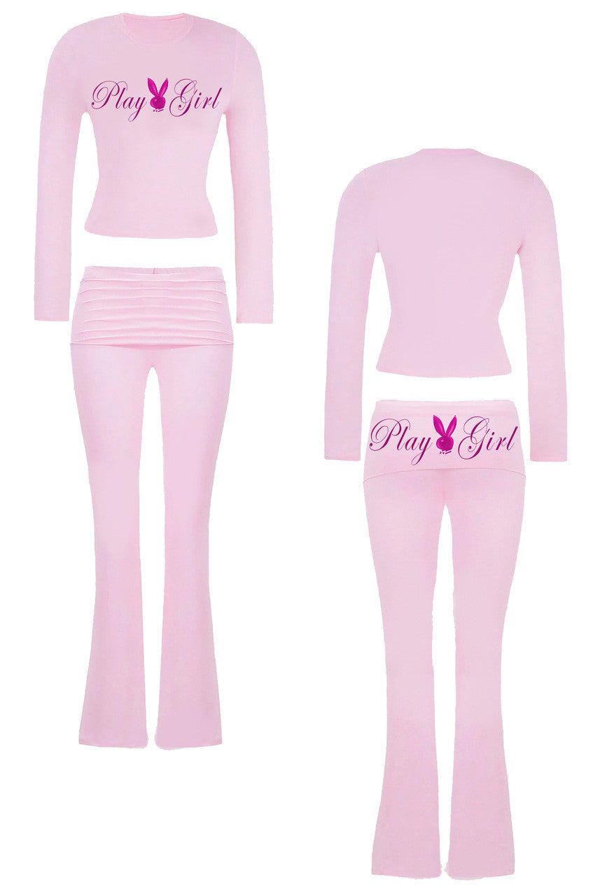 Limited Edition 'Play On Playgirl' Script Long Sleeve Shirt & Leggings Loungewear Set (PINK)