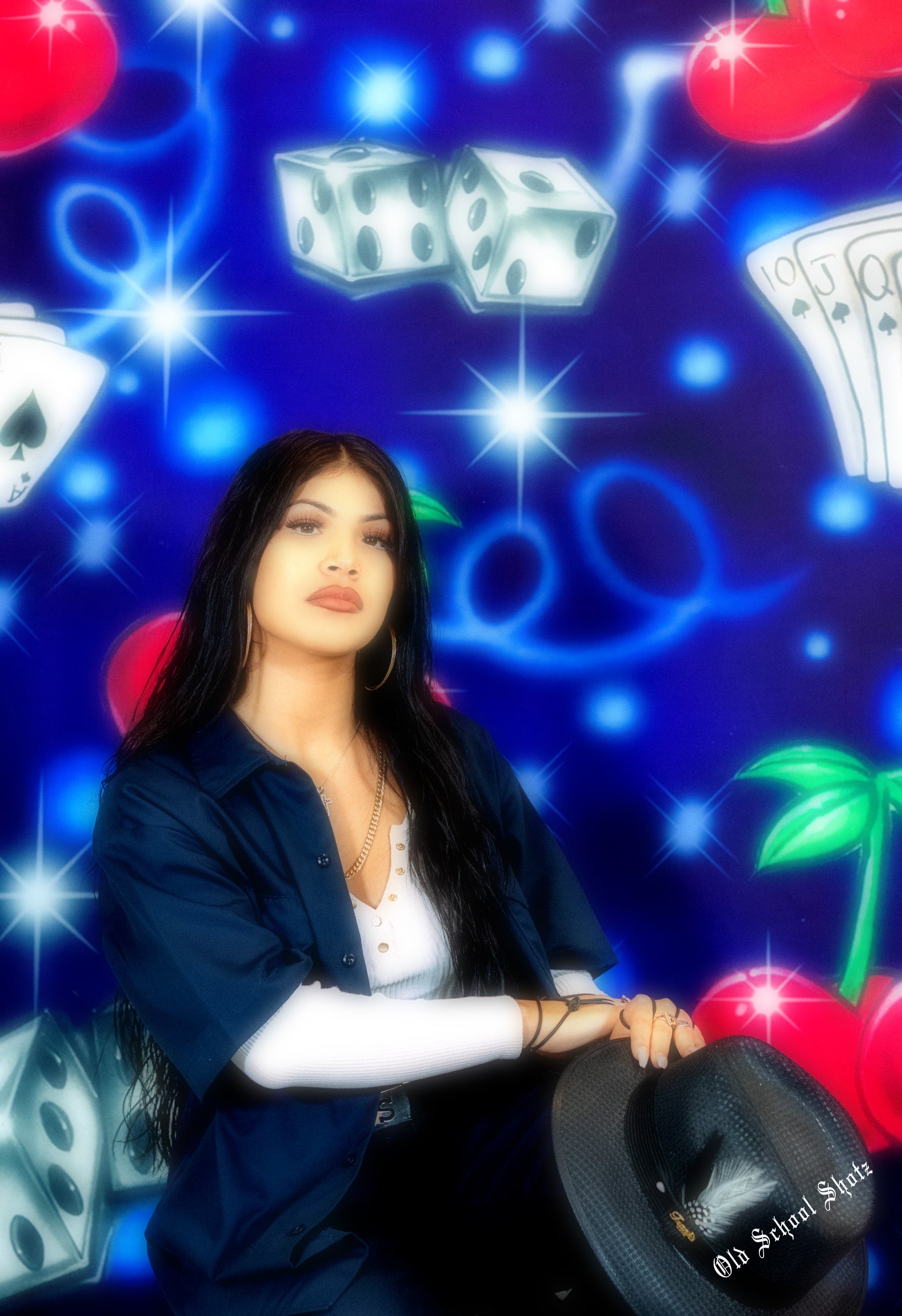 Early 2000s Y2K 'Play Your Cards Right' Dice Cherry Airbrush 90s Old School Star Shots Backdrop