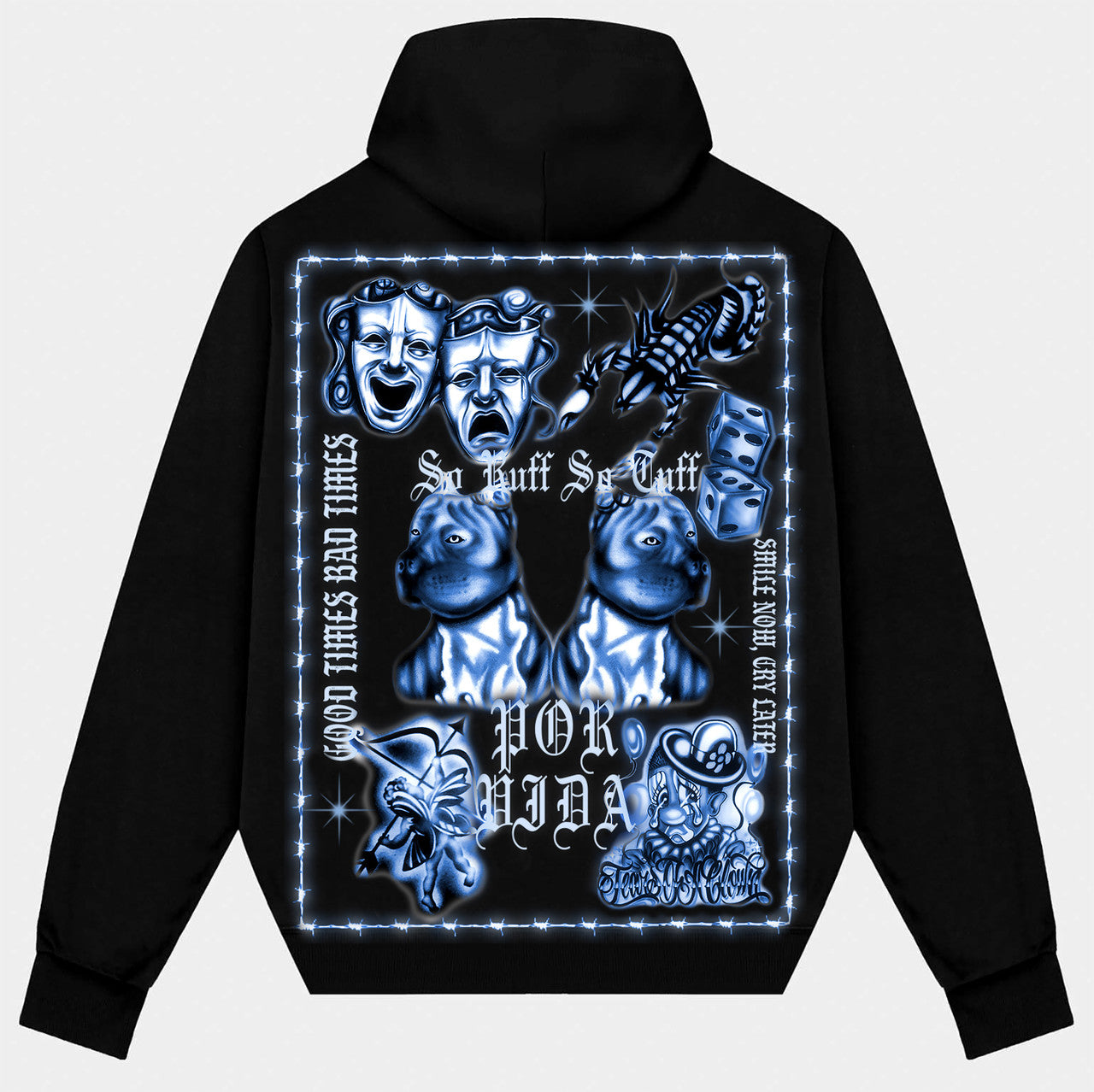 POR VIDA' Airbrush Collage Premium Fleece Zip-Up Hoodie (Black/Blue)