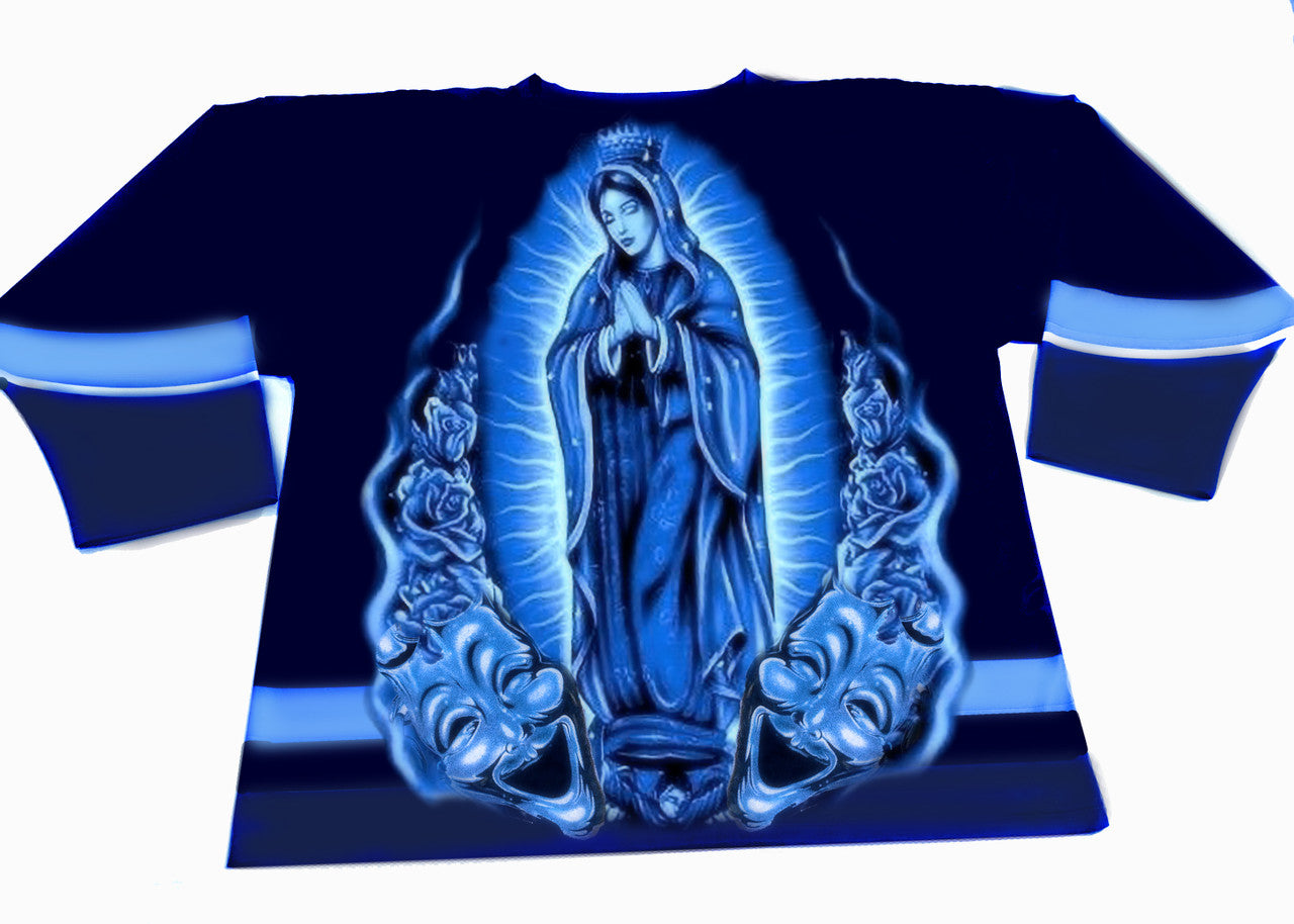 PRAY FOR US' Airbrushed Cut & Sew Long Sleeve Hockey Jersey (Blue)