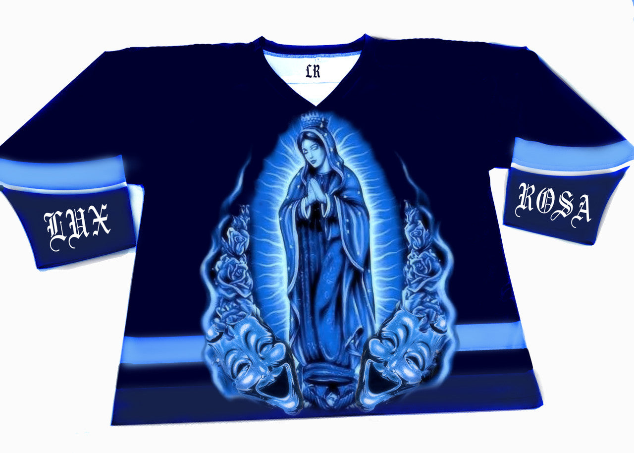 PRAY FOR US' Airbrushed Cut & Sew Long Sleeve Hockey Jersey (Blue)