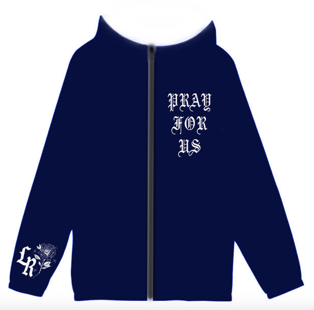 Limited Edition 'PRAY FOR US' Airbrushed Cut & Sew Hooded Mesh Lined Windbreaker (Blue)