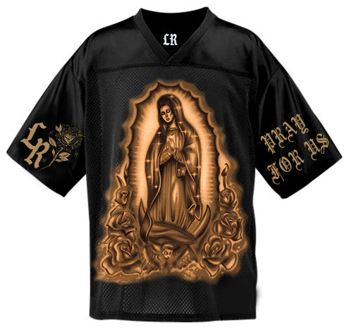 OUR LADY OF PRAYERS & PROTECTION' Airbrushed Cut & Sew Football Jersey (Black/Brown)
