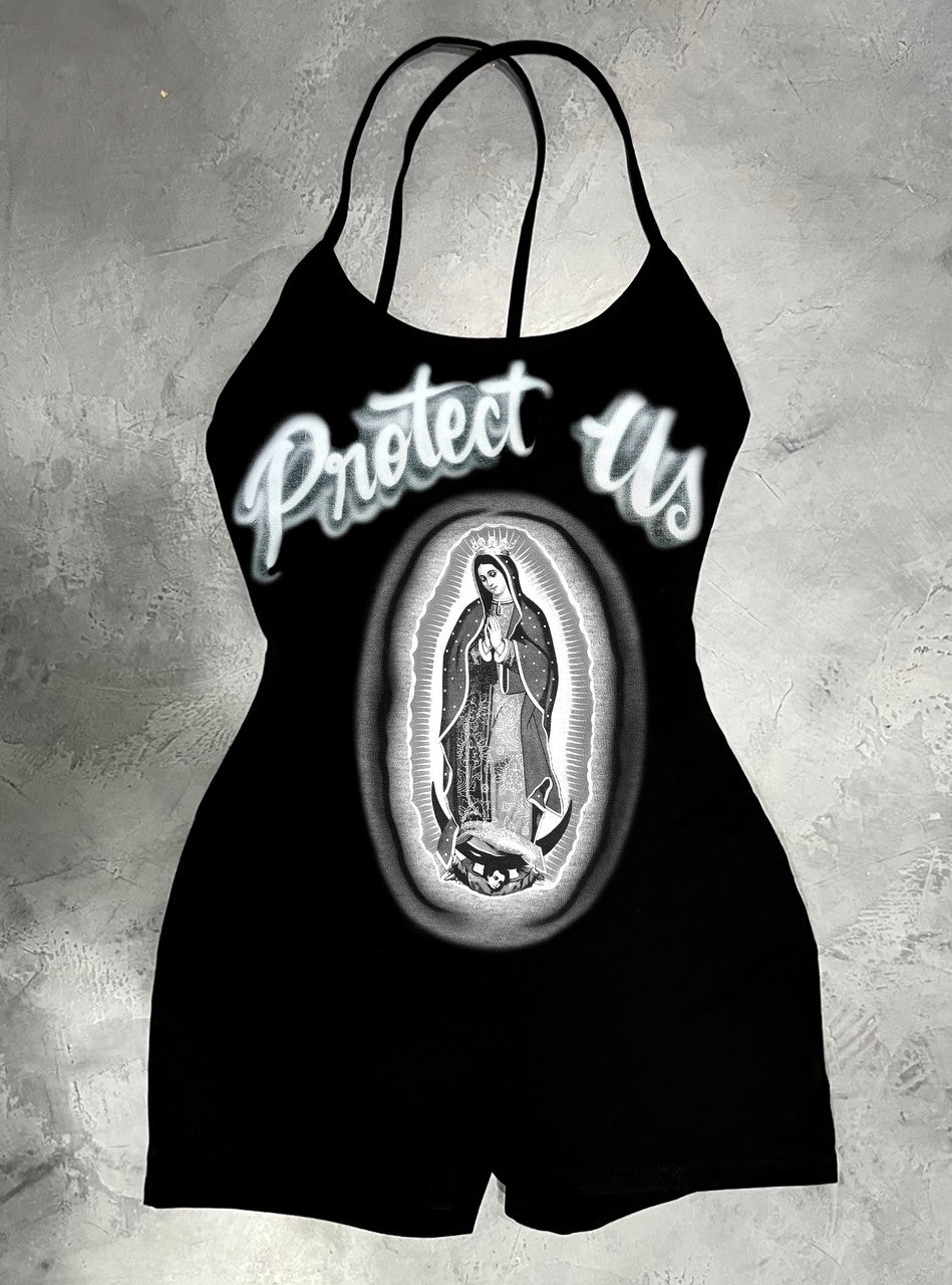 LIMITED EDITION 'PROTECT US' AIRBRUSHED CRISS CROSS BACK ROMPER (W/STRAPS) (BLACK)