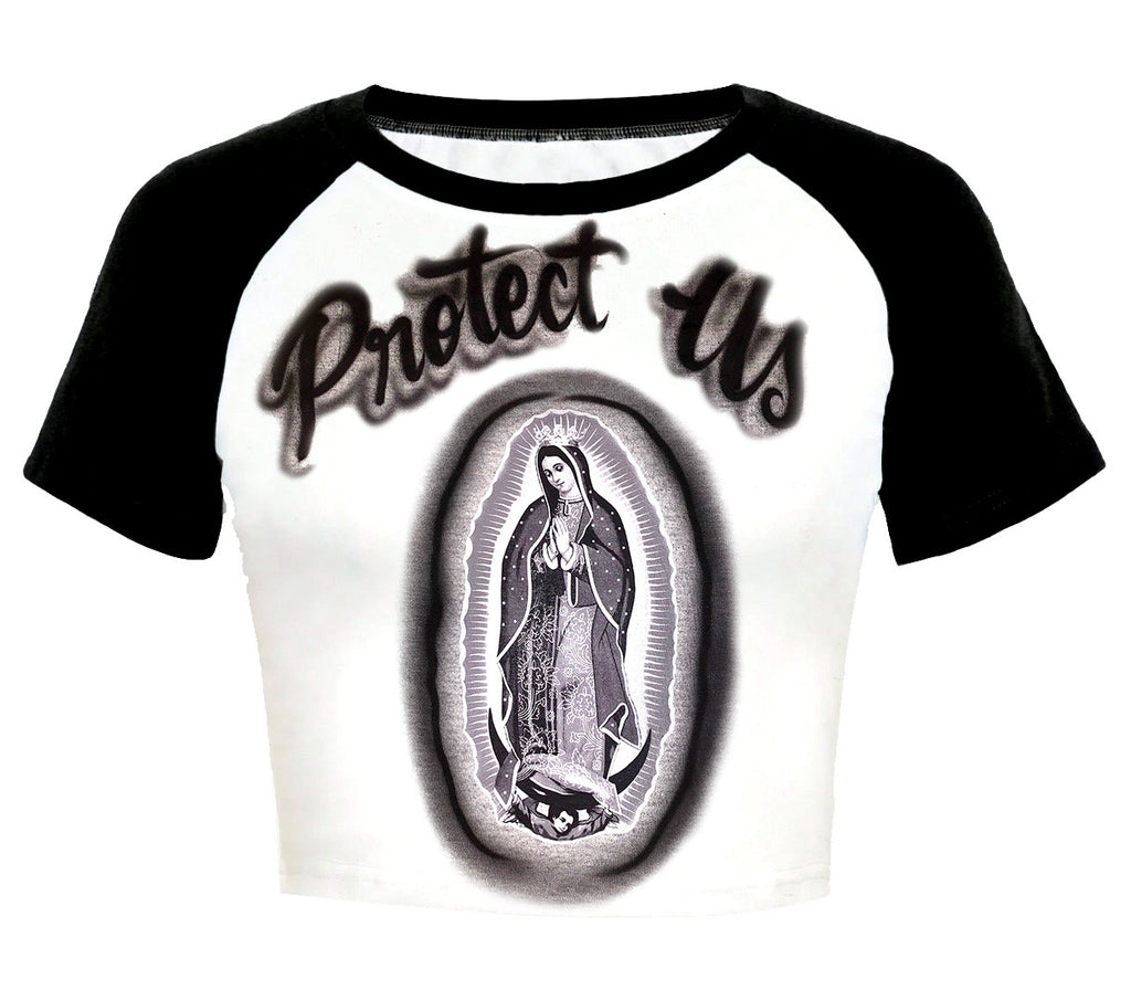 Limited Edition 'PROTECT US' Airbrush Cropped Baseball Tee (Black/White)