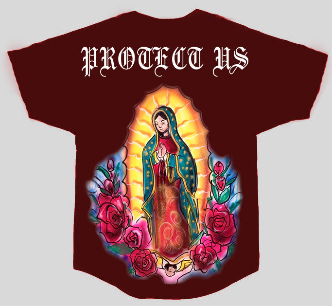 Loved, Blessed, & Forever Protected' Airbrush Cut & Sew Button Down BASEBALL Jersey (BURGUNDY)